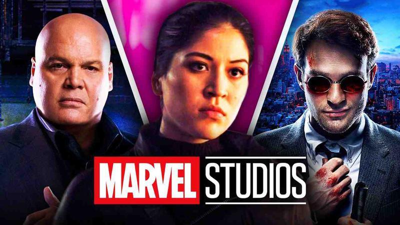 Vincent D'Onofrio as Kingpin, Alaqua Cox as Maya Lopez, Charlie Cox as Matt Murdock, Marvel Studios logo