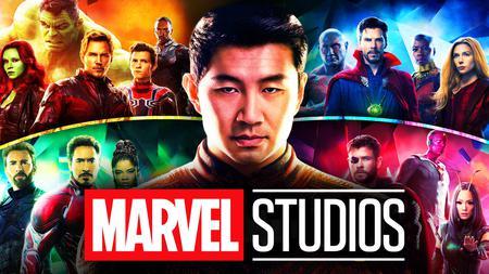 Shang-Chi with various MCU characters in the background, the Marvel Studios logo, Simu Liu