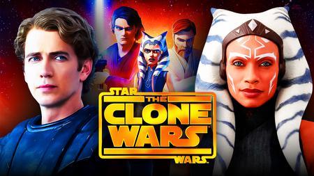 Hayden Christensen as Anakin Skywalker, Star Wars: The Clone Wars logo, Rosario Dawson as Ahsoka