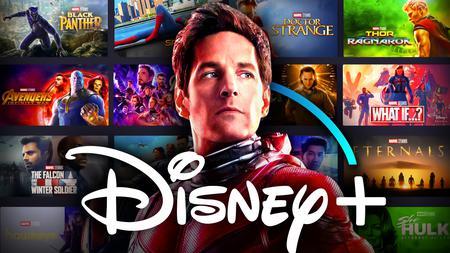 Ant-Man, Disney Plus logo, Marvel movie and show thumbnails in background