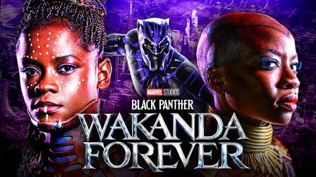 Black Panther: Wakanda Forever logo, Letitia Wright as Shuri, Danai Gurira as Okoye