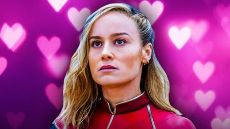 Brie Larson as Captain Marvel, hearts background