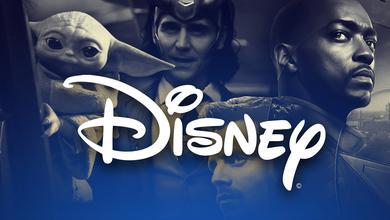 Disney logo in foreground with MCU and Star Wars characters in background