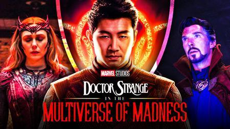 Simu Liu as Shang-Chi, Doctor Strange 2 logo, Elizabeth Olsen as Scarlet Witch, Doctor Strange