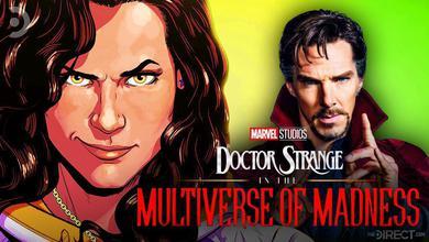 Comic portrait of America Chavez on the left, Benedict Cumberbatch as Doctor Strange on the right