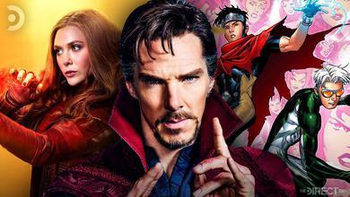 Wanda on left, Doctor Strange in middle, Wiccan and Speed on right