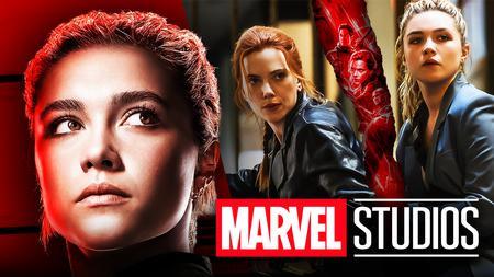 Florence Pugh as Yelena Belova, Scarlett Johansson as Natasha Romanoff, Marvel Studios logo