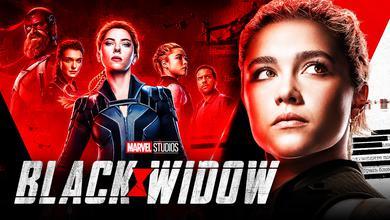 Florence Pugh as Yelena Belova, Scarlett Johansson as Natasha Romanoff, Black Widow logo