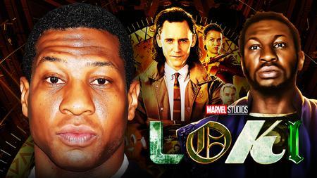 Jonathan Majors and Loki alongside the Loki series titlecard