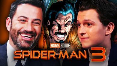 Jimmy Kimmel on left, Kraven the Hunter in middle, Tom Holland on right with Spider-Man 3 Logo