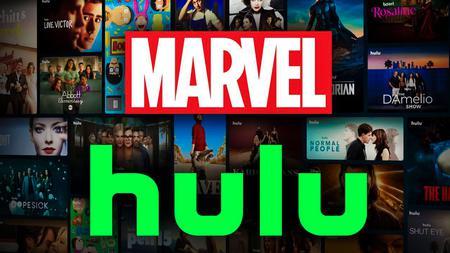 Marvel and Hulu logos, movie and tv show tiles in background