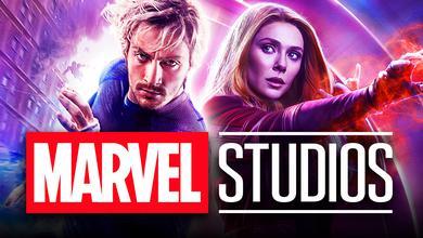 Aaron Taylor Johnson as Quicksilver, Elizabeth Olsen as Scarlet Witch, Marvel Studios logo