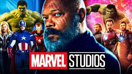 Samuel L Jackson as Nick Fury, Avengers team imagery, Marvel Studios logo