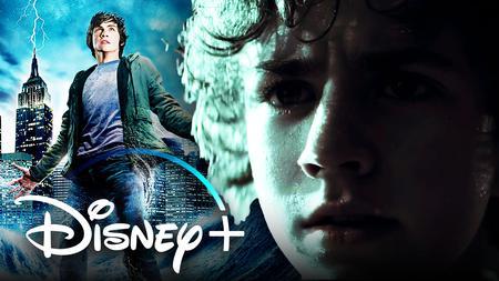 Walker Scobell as Percy Jackson, Disney+ logo, Logan Lerman as Percy Jackson