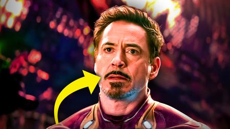 Robert Downey Jr. in Avengers: Infinity War, arrow pointing to Tony Stark's mustache