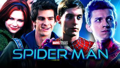 Spider-Man logo, Tom Holland as Spider-Man, Andrew Garfield, Tobey Maguire, Kirsten Dunst