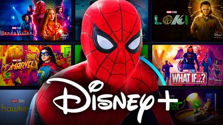 Spider-Man, Disney Plus logo, Marvel show tiles in background