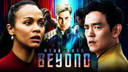 Zoe Saldana, John Cho, Chris Pine, Star Trek: Beyond logo