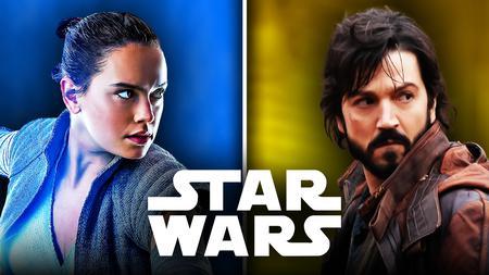 Daisy Ridley as Rey, Diego Luna as Andor, Star Wars logo