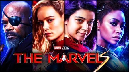 The Marvels logo, Nick Fury, Carol Danvers, Ms Marvel, Monica Rambeau