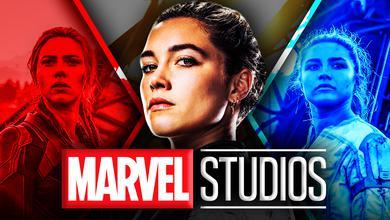 Florence Pugh as Yelena Belova, Scarlett Johansson as Natasha Romanoff, Marvel Studios