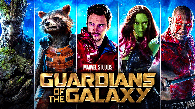 Guardians of the Galaxy logo, Groot, Rocket, Star-Lord, Gamora, Drax