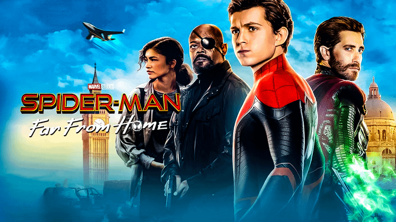 Peter Parker, MJ, Nick Fury, Mysterio, Far From Home logo